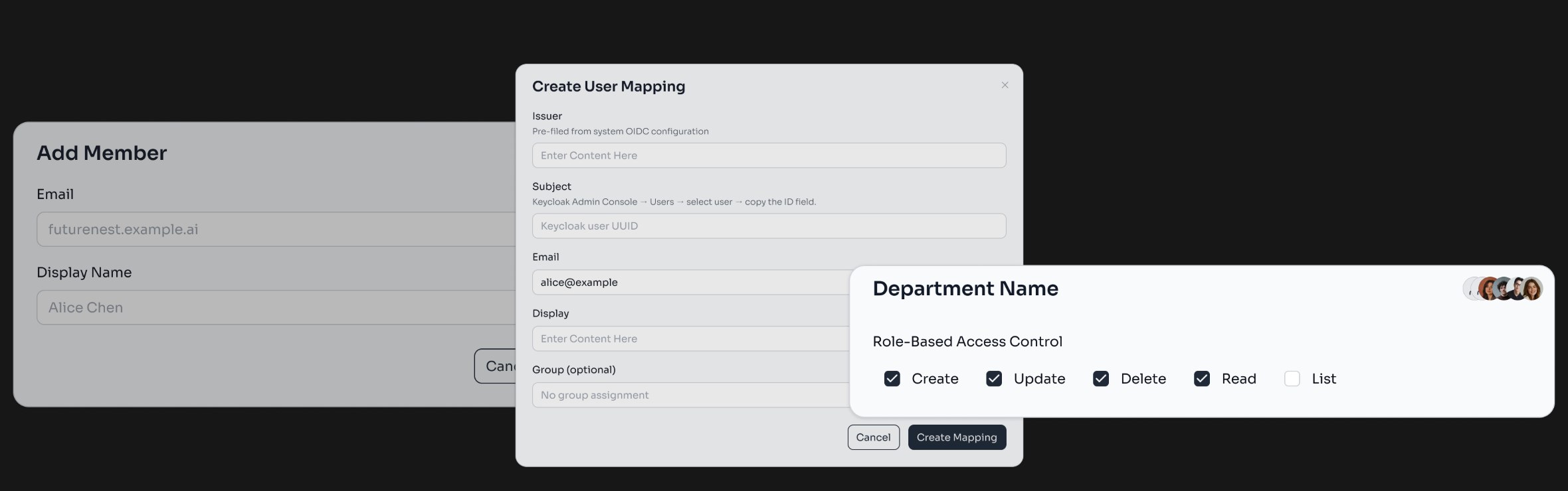 Xparse user mapping, member and role-based access control dialogs